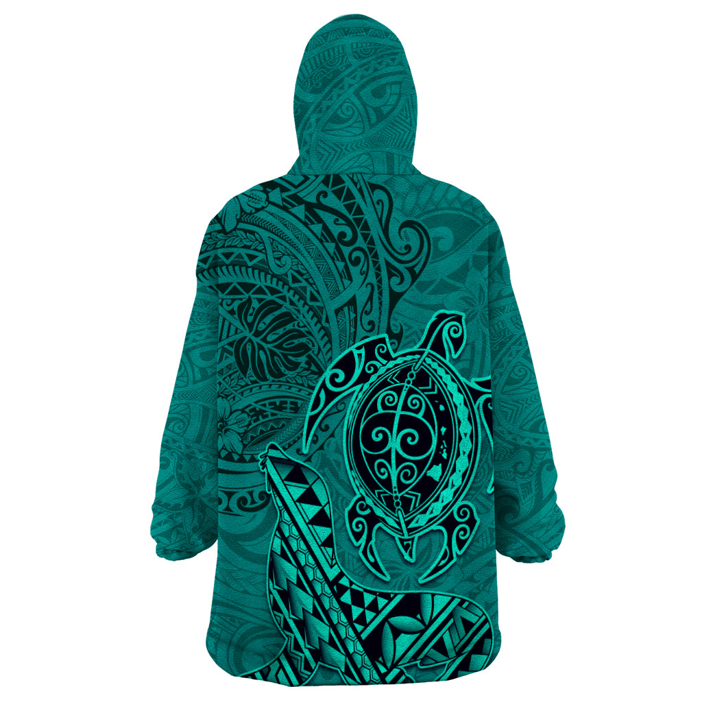 Hawaii Monk Seal and Dolphin Wearable Blanket Hoodie Polynesian Kakau Pattern Turquoise LT03 - Polynesian Pride
