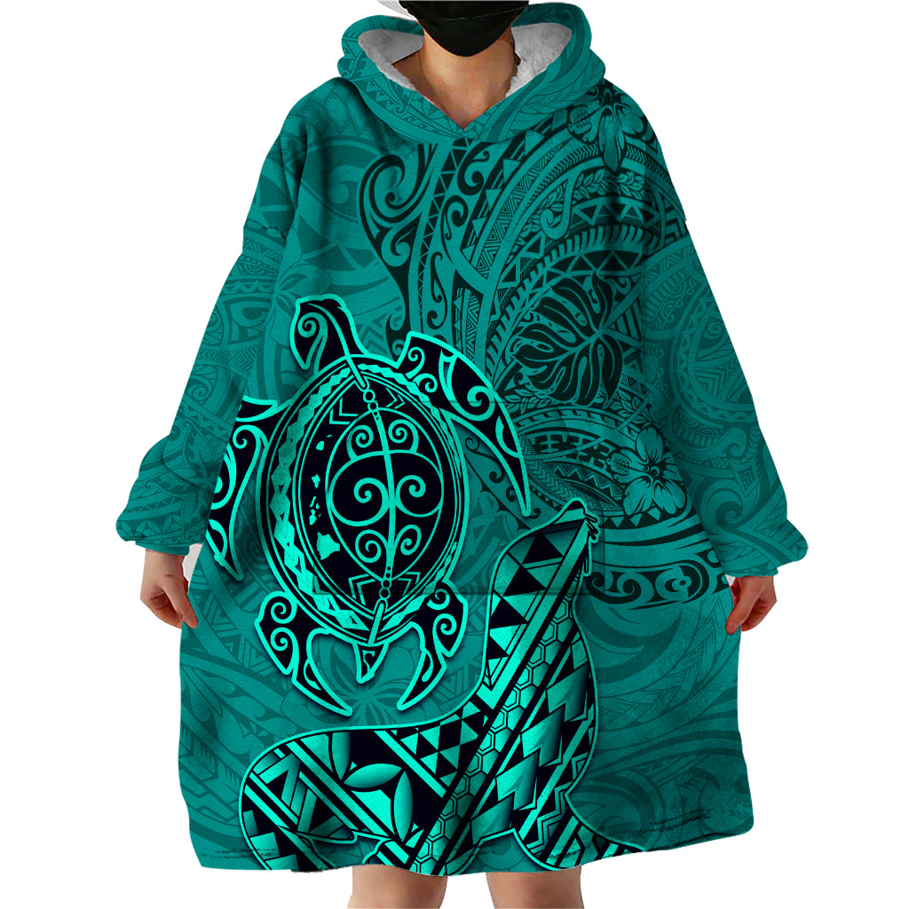 Hawaii Monk Seal and Dolphin Wearable Blanket Hoodie Polynesian Kakau Pattern Turquoise LT03 - Polynesian Pride