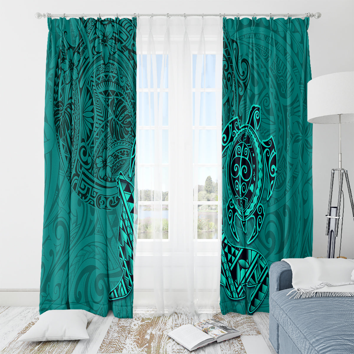 Hawaii Monk Seal and Dolphin Window Curtain Polynesian Kakau Pattern Turquoise