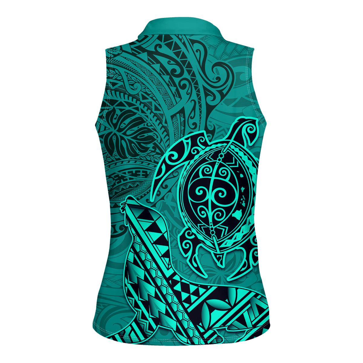 Hawaii Monk Seal and Dolphin Women Sleeveless Polo Shirt Polynesian Kakau Pattern Turquoise