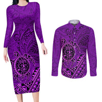 Hawaii Monk Seal and Dolphin Couples Matching Long Sleeve Bodycon Dress and Long Sleeve Button Shirt Polynesian Kakau Pattern Purple