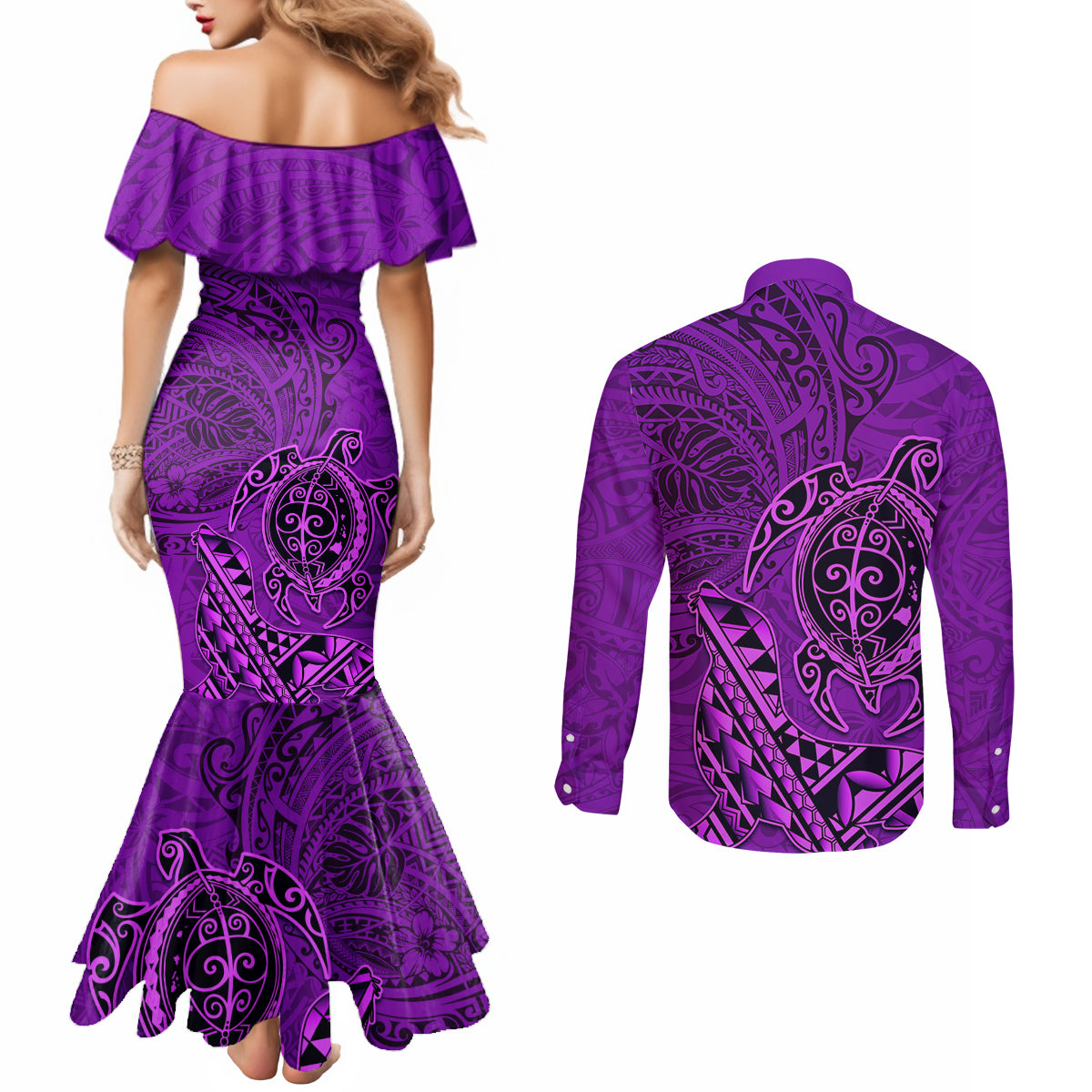Hawaii Monk Seal and Dolphin Couples Matching Mermaid Dress and Long Sleeve Button Shirt Polynesian Kakau Pattern Purple