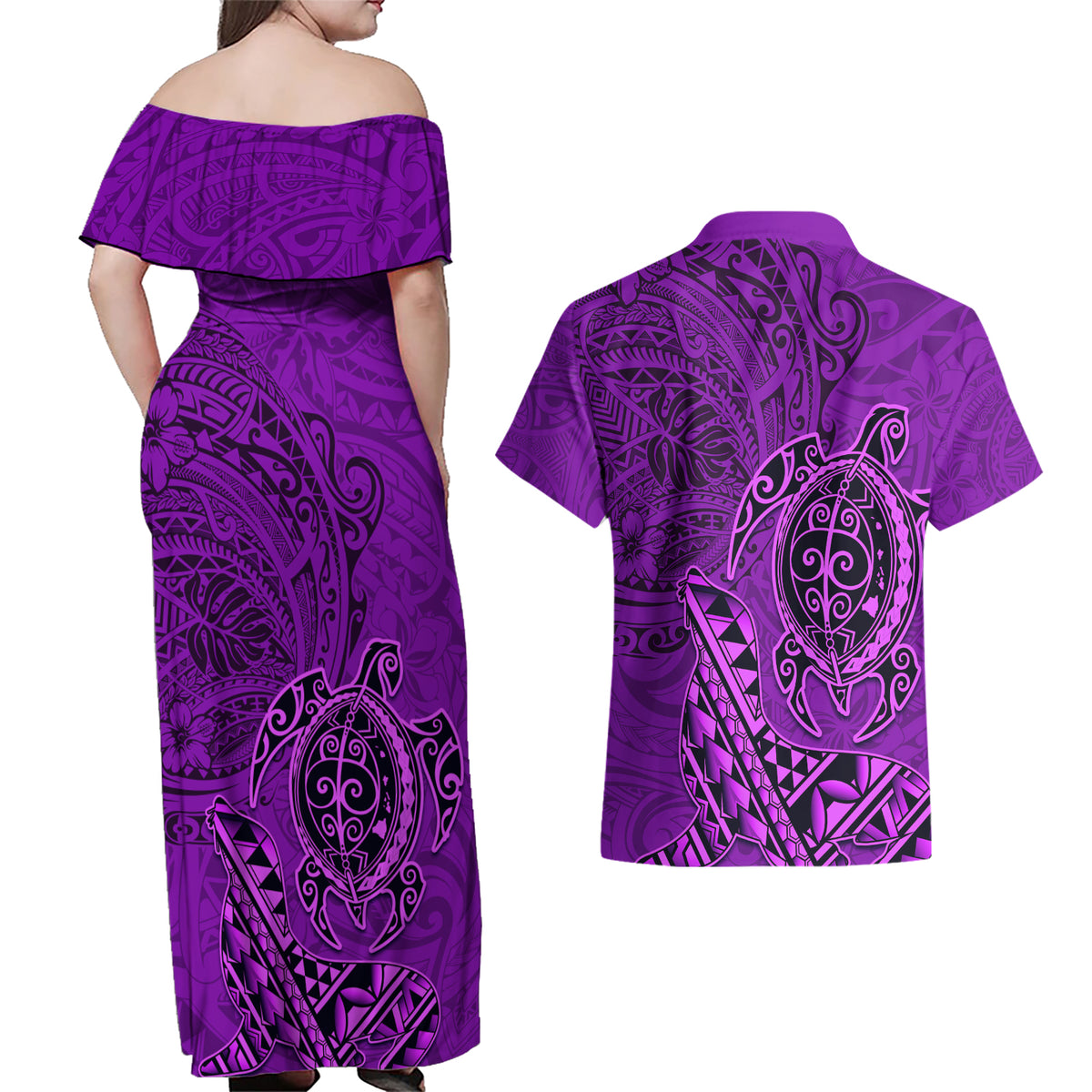Hawaii Monk Seal and Dolphin Couples Matching Off Shoulder Maxi Dress and Hawaiian Shirt Polynesian Kakau Pattern Purple LT03 - Polynesian Pride