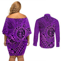 Hawaii Monk Seal and Dolphin Couples Matching Off Shoulder Short Dress and Long Sleeve Button Shirt Polynesian Kakau Pattern Purple