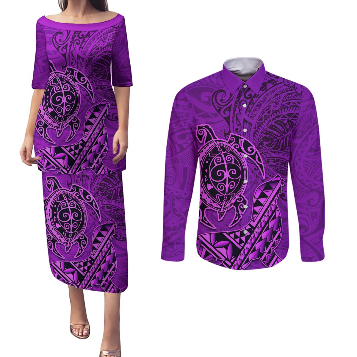 Hawaii Monk Seal and Dolphin Couples Matching Puletasi and Long Sleeve Button Shirt Polynesian Kakau Pattern Purple