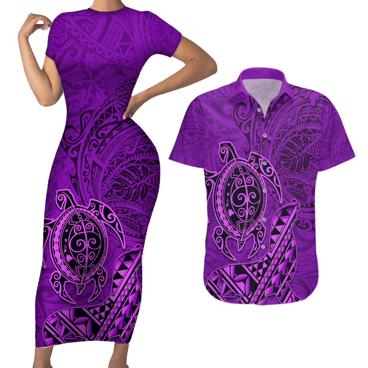 Hawaii Monk Seal and Dolphin Couples Matching Short Sleeve Bodycon Dress and Hawaiian Shirt Polynesian Kakau Pattern Purple LT03 Purple - Polynesian Pride
