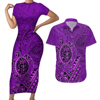 Hawaii Monk Seal and Dolphin Couples Matching Short Sleeve Bodycon Dress and Hawaiian Shirt Polynesian Kakau Pattern Purple LT03 Purple - Polynesian Pride