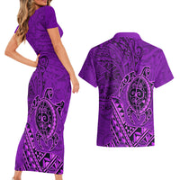 Hawaii Monk Seal and Dolphin Couples Matching Short Sleeve Bodycon Dress and Hawaiian Shirt Polynesian Kakau Pattern Purple LT03 - Polynesian Pride