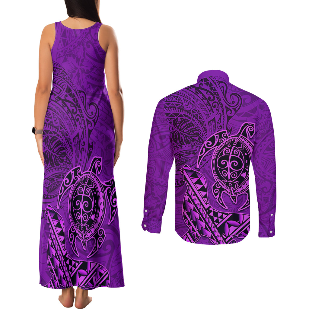 Hawaii Monk Seal and Dolphin Couples Matching Tank Maxi Dress and Long Sleeve Button Shirt Polynesian Kakau Pattern Purple