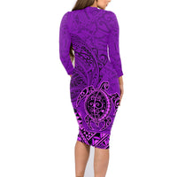 Hawaii Monk Seal and Dolphin Family Matching Long Sleeve Bodycon Dress and Hawaiian Shirt Polynesian Kakau Pattern Purple
