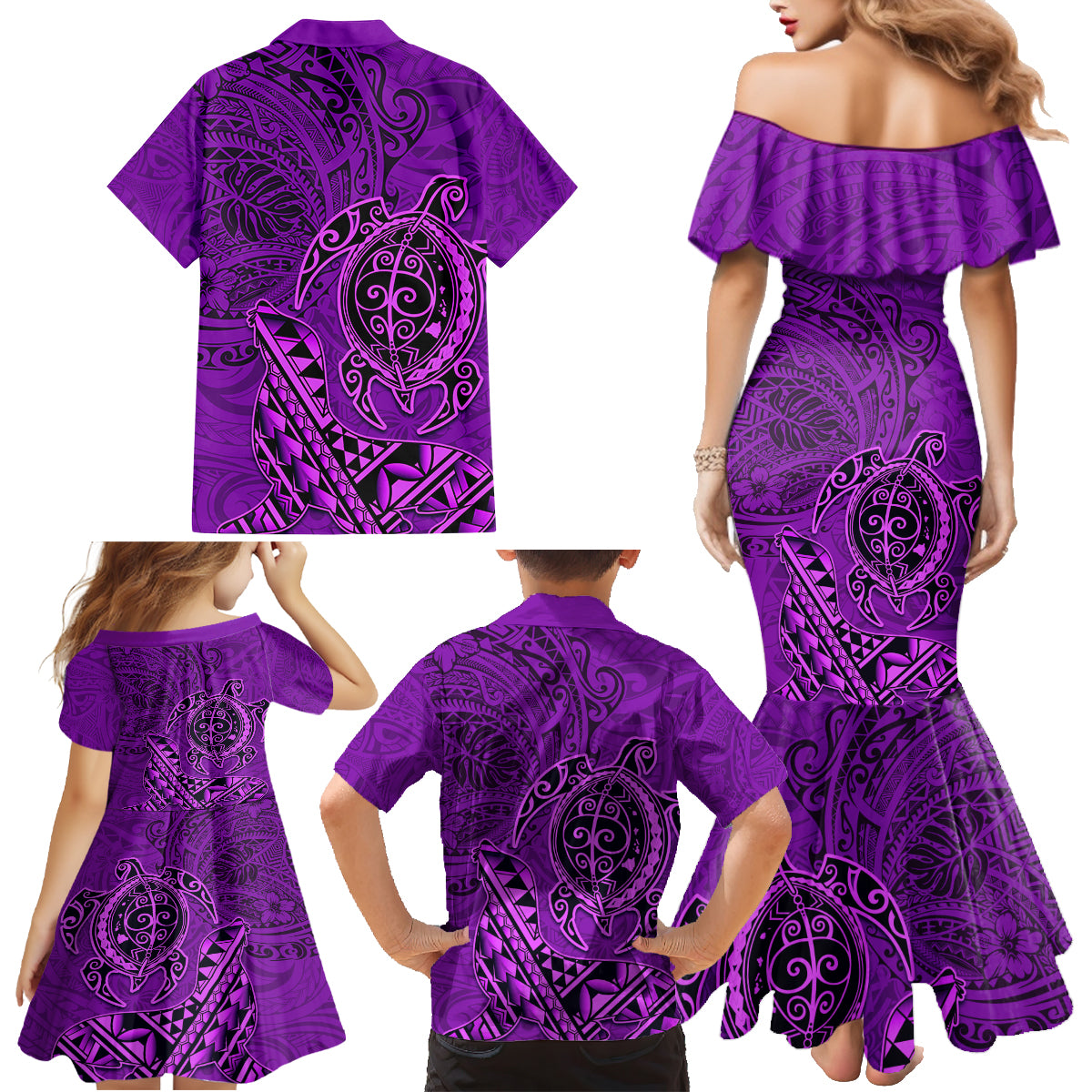 Hawaii Monk Seal and Dolphin Family Matching Mermaid Dress and Hawaiian Shirt Polynesian Kakau Pattern Purple LT03 - Polynesian Pride