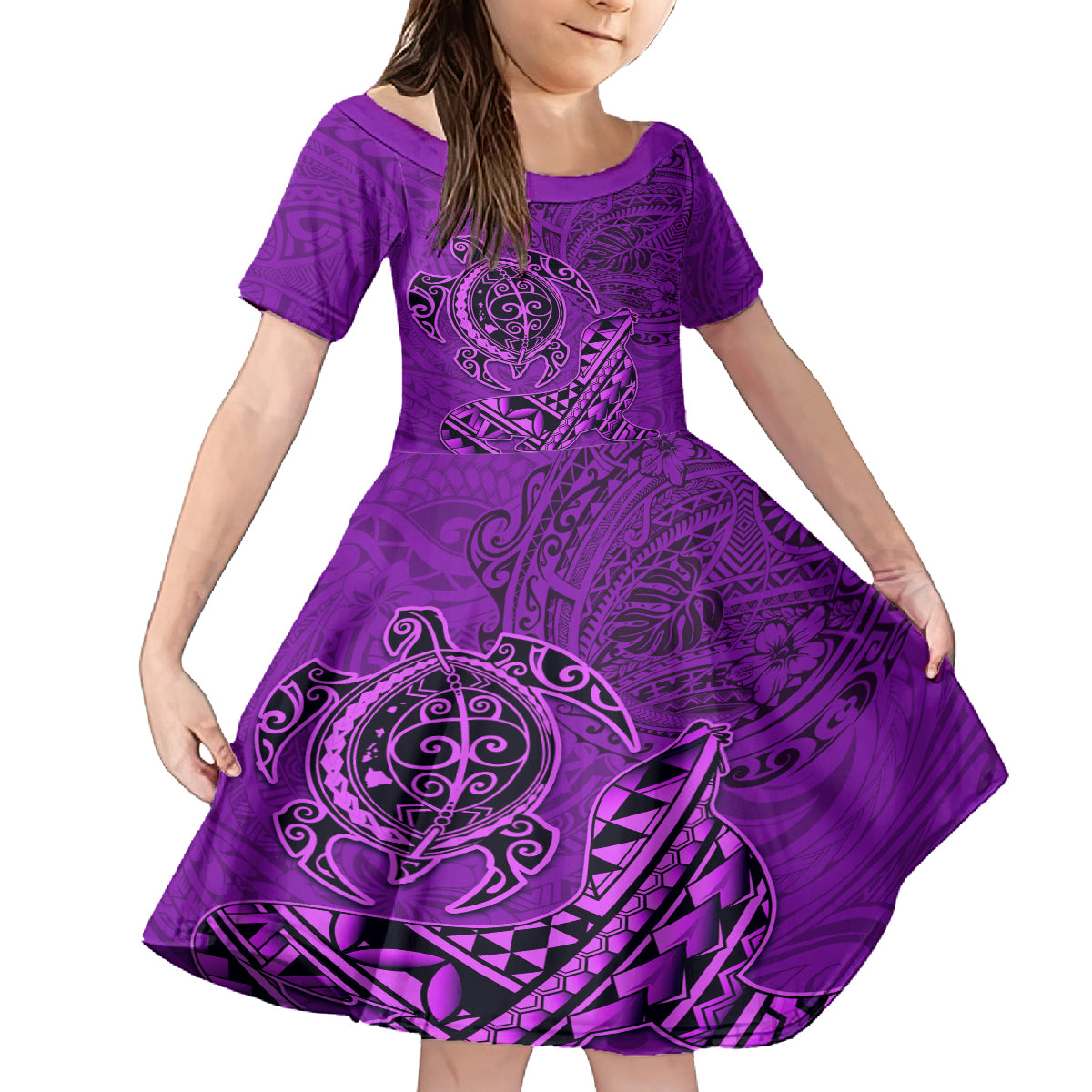 Hawaii Monk Seal and Dolphin Family Matching Off Shoulder Maxi Dress and Hawaiian Shirt Polynesian Kakau Pattern Purple LT03 Daughter's Dress Purple - Polynesian Pride