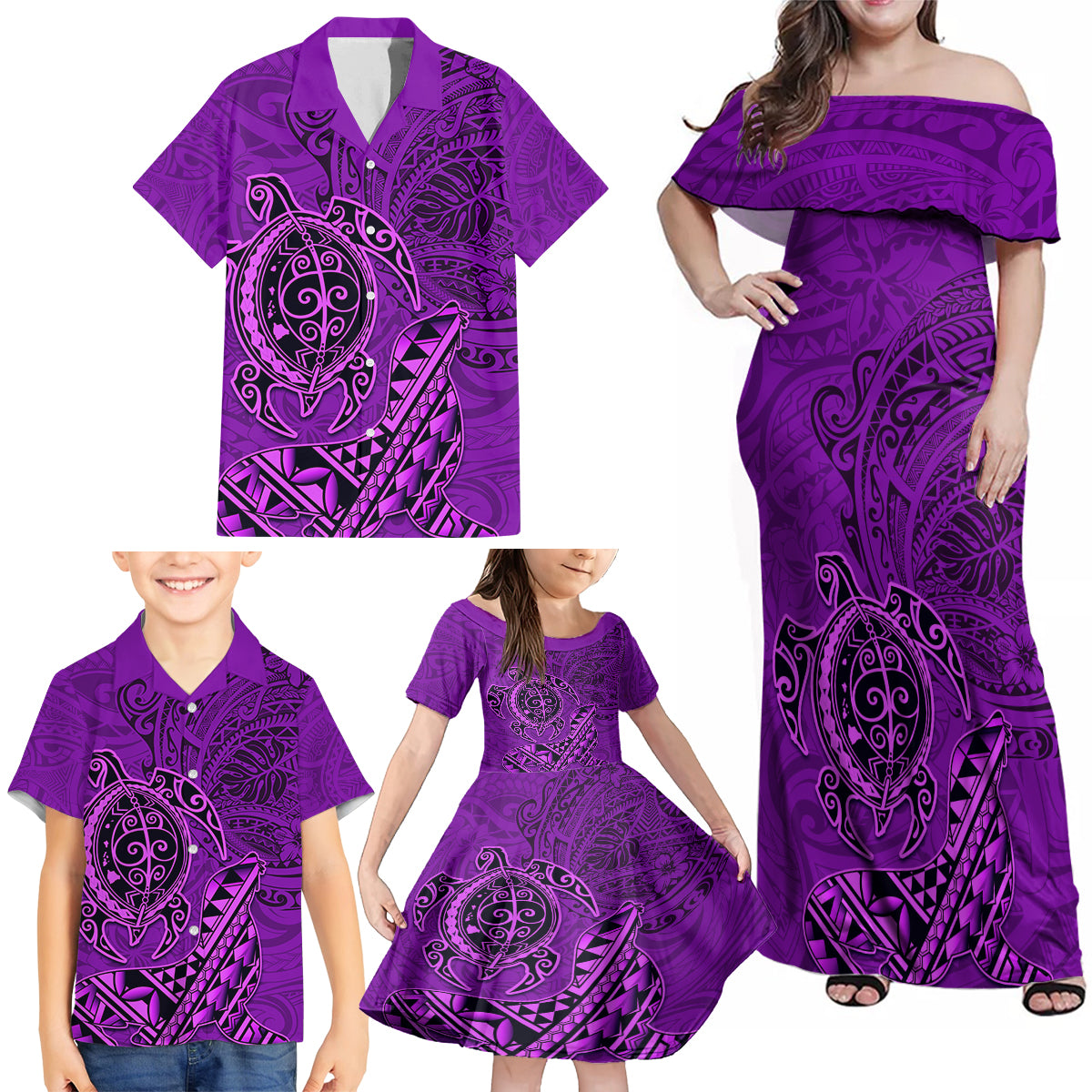 Hawaii Monk Seal and Dolphin Family Matching Off Shoulder Maxi Dress and Hawaiian Shirt Polynesian Kakau Pattern Purple LT03 - Polynesian Pride