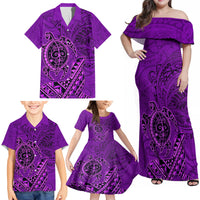 Hawaii Monk Seal and Dolphin Family Matching Off Shoulder Maxi Dress and Hawaiian Shirt Polynesian Kakau Pattern Purple LT03 - Polynesian Pride