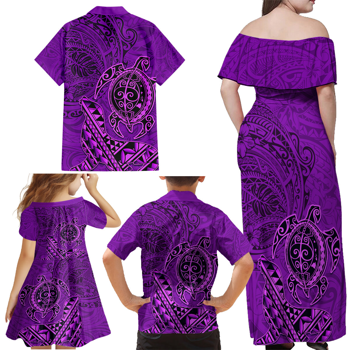 Hawaii Monk Seal and Dolphin Family Matching Off Shoulder Maxi Dress and Hawaiian Shirt Polynesian Kakau Pattern Purple LT03 - Polynesian Pride