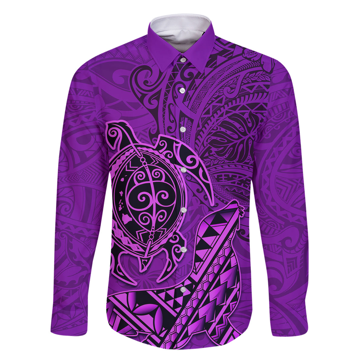 Hawaii Monk Seal and Dolphin Family Matching Off Shoulder Maxi Dress and Hawaiian Shirt Polynesian Kakau Pattern Purple LT03 Dad's Shirt - Long Sleeve Purple - Polynesian Pride
