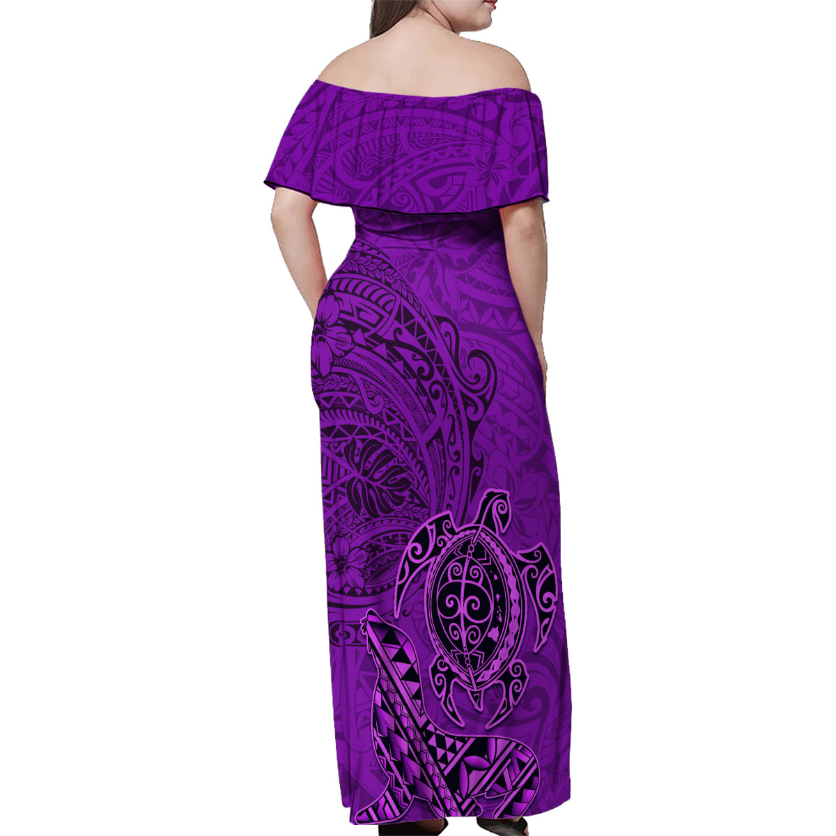 Hawaii Monk Seal and Dolphin Family Matching Off Shoulder Maxi Dress and Hawaiian Shirt Polynesian Kakau Pattern Purple LT03 - Polynesian Pride
