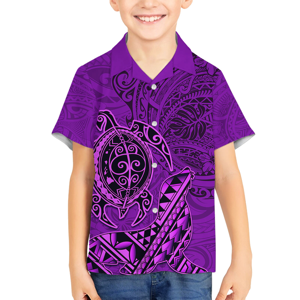 Hawaii Monk Seal and Dolphin Family Matching Off Shoulder Maxi Dress and Hawaiian Shirt Polynesian Kakau Pattern Purple LT03 Son's Shirt Purple - Polynesian Pride