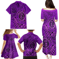 Hawaii Monk Seal and Dolphin Family Matching Puletasi and Hawaiian Shirt Polynesian Kakau Pattern Purple LT03 - Polynesian Pride