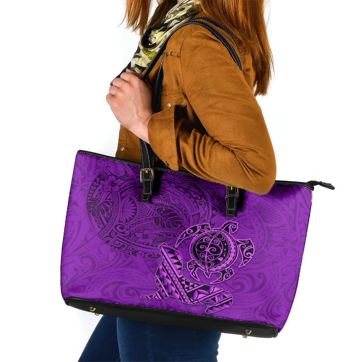 Hawaii Monk Seal and Dolphin Leather Tote Bag Polynesian Kakau Pattern Purple LT03 Purple - Polynesian Pride