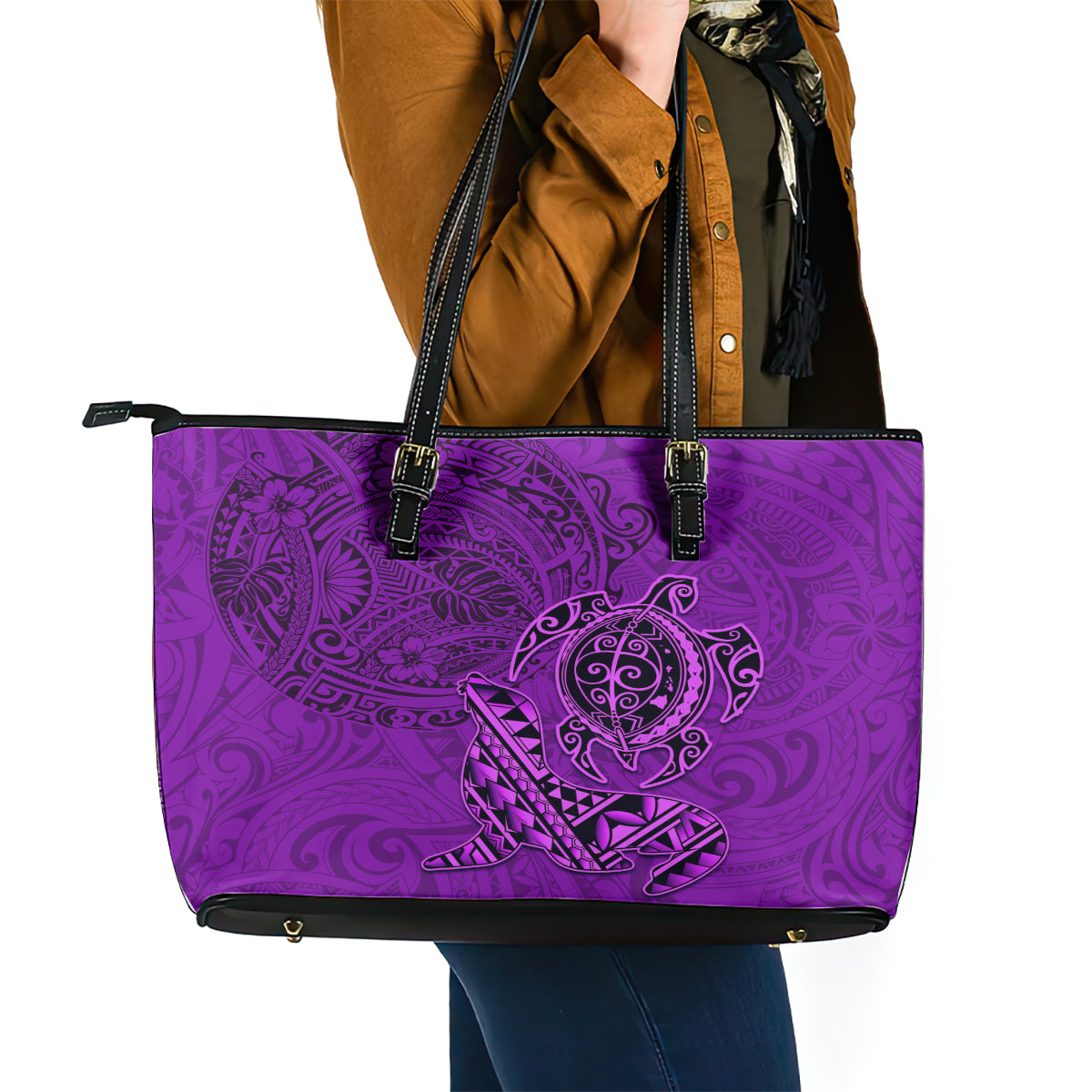 Hawaii Monk Seal and Dolphin Leather Tote Bag Polynesian Kakau Pattern Purple LT03 - Polynesian Pride