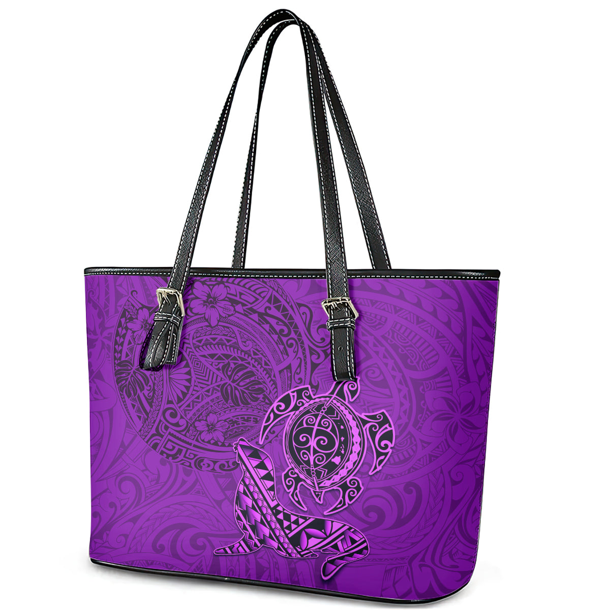 Hawaii Monk Seal and Dolphin Leather Tote Bag Polynesian Kakau Pattern Purple LT03 - Polynesian Pride