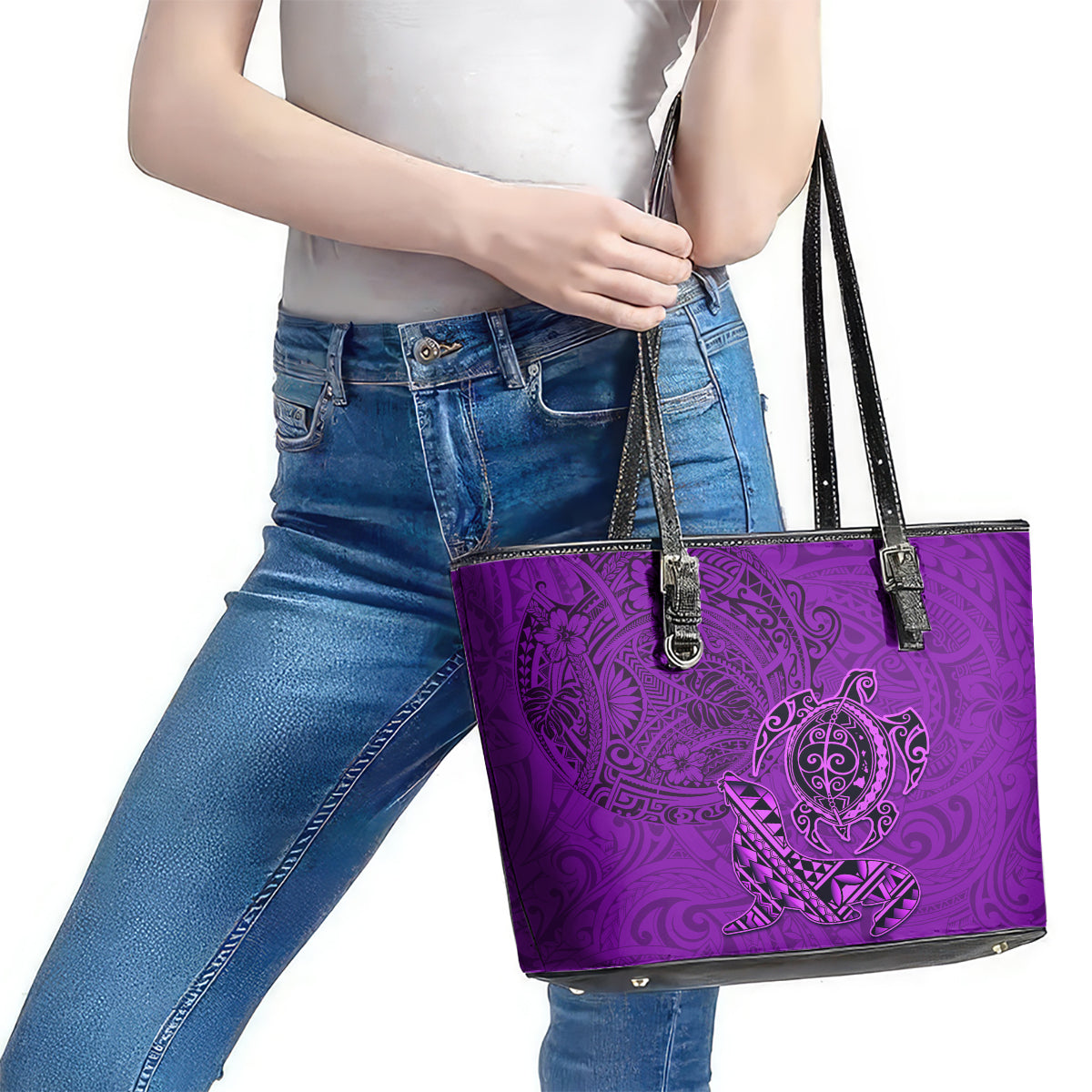 Hawaii Monk Seal and Dolphin Leather Tote Bag Polynesian Kakau Pattern Purple LT03 - Polynesian Pride
