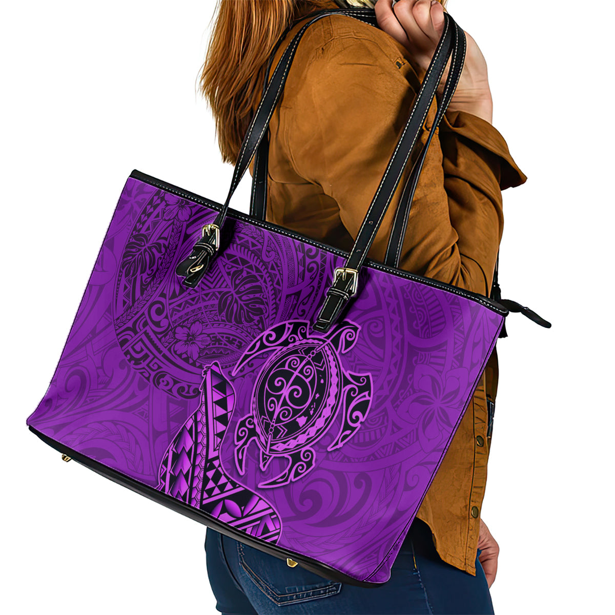 Hawaii Monk Seal and Dolphin Leather Tote Bag Polynesian Kakau Pattern Purple LT03 - Polynesian Pride
