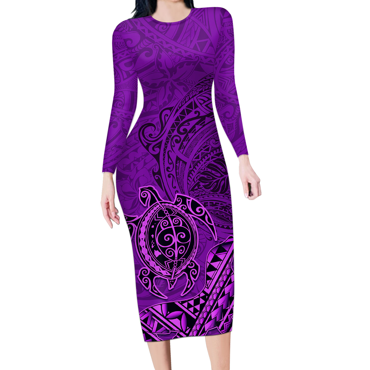 Hawaii Monk Seal and Dolphin Long Sleeve Bodycon Dress Polynesian Kakau Pattern Purple LT03 Long Dress Purple - Polynesian Pride