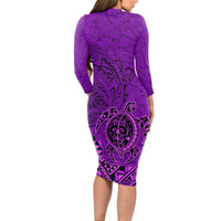 Hawaii Monk Seal and Dolphin Long Sleeve Bodycon Dress Polynesian Kakau Pattern Purple LT03 - Polynesian Pride