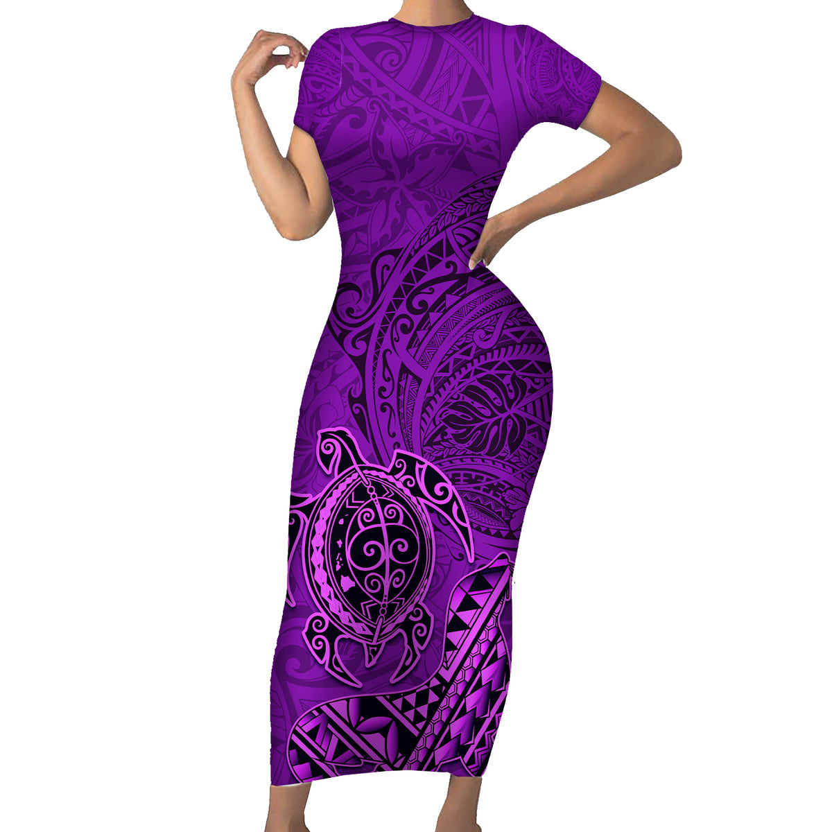 Hawaii Monk Seal and Dolphin Short Sleeve Bodycon Dress Polynesian Kakau Pattern Purple