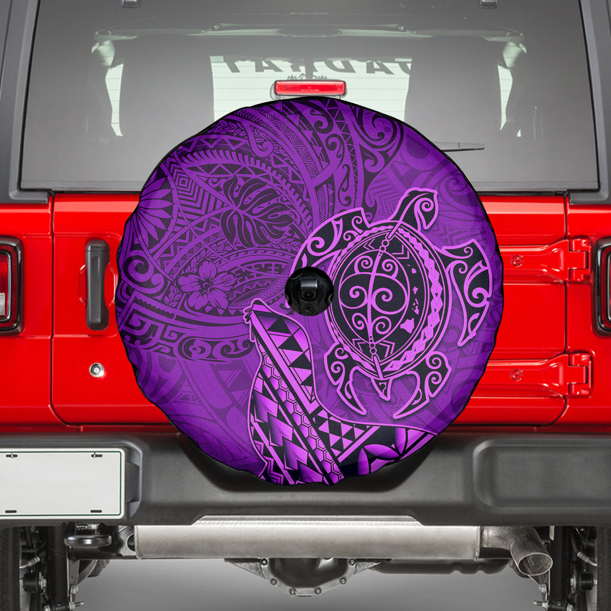 Hawaii Monk Seal and Dolphin Spare Tire Cover Polynesian Kakau Pattern Purple