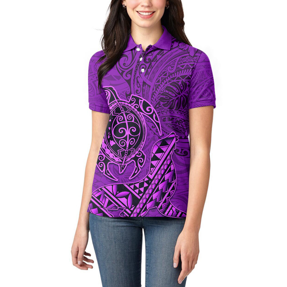 Hawaii Monk Seal and Dolphin Women Polo Shirt Polynesian Kakau Pattern Purple