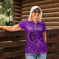 Hawaii Monk Seal and Dolphin Women Polo Shirt Polynesian Kakau Pattern Purple