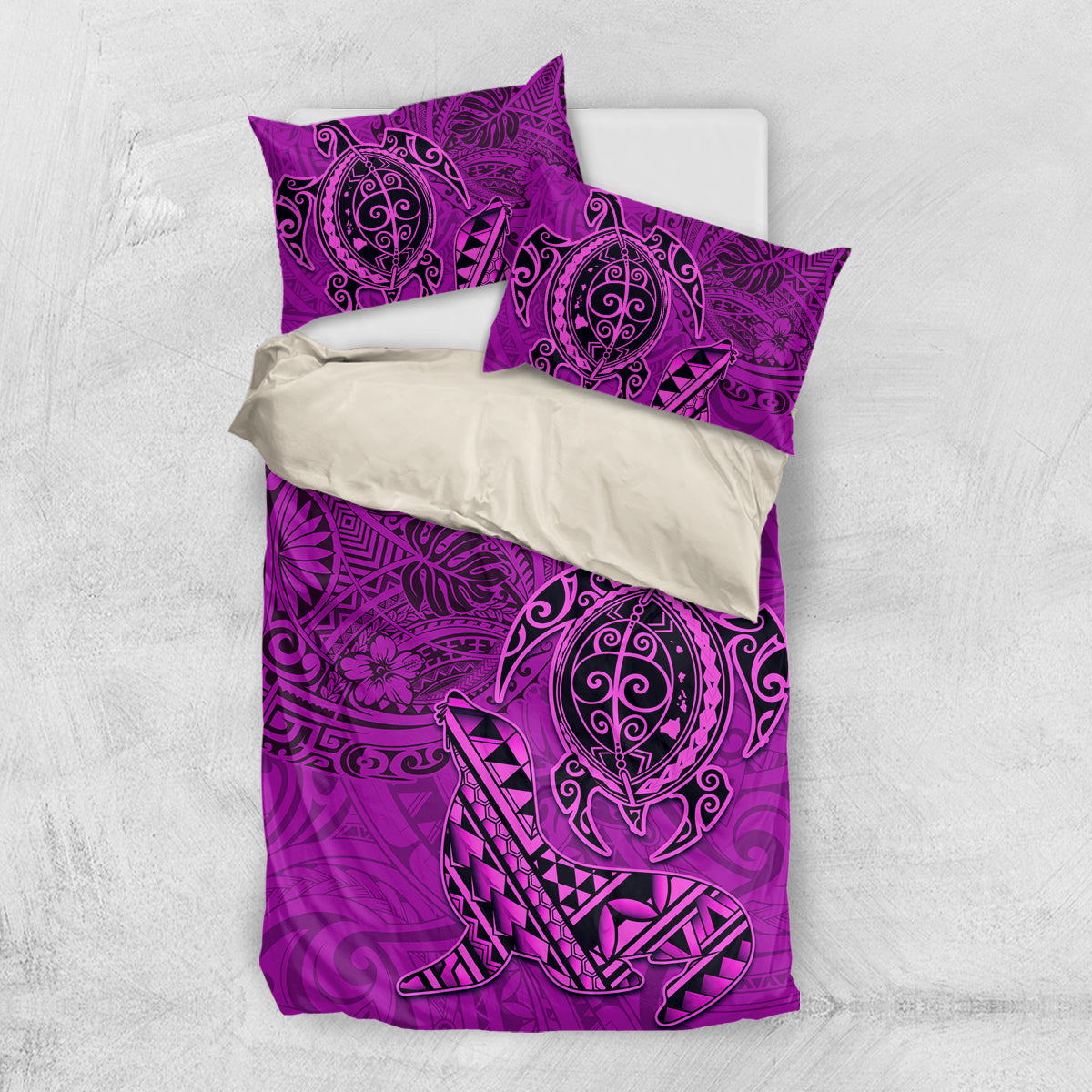 Hawaii Monk Seal and Dolphin Bedding Set Polynesian Kakau Pattern Pink