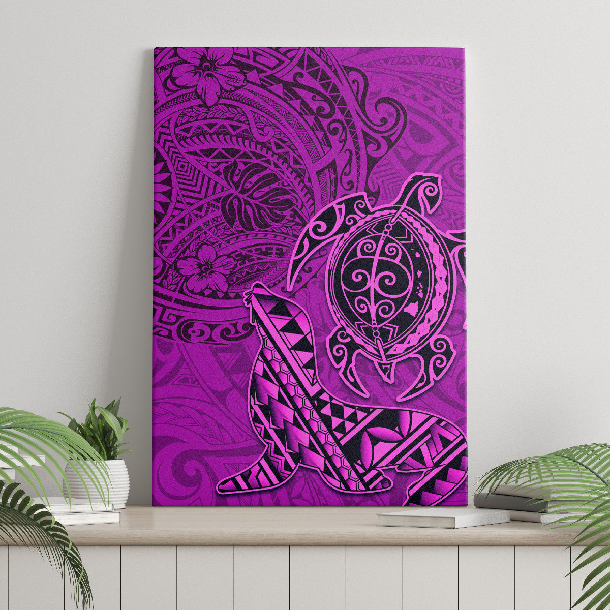 Hawaii Monk Seal and Dolphin Canvas Wall Art Polynesian Kakau Pattern Pink