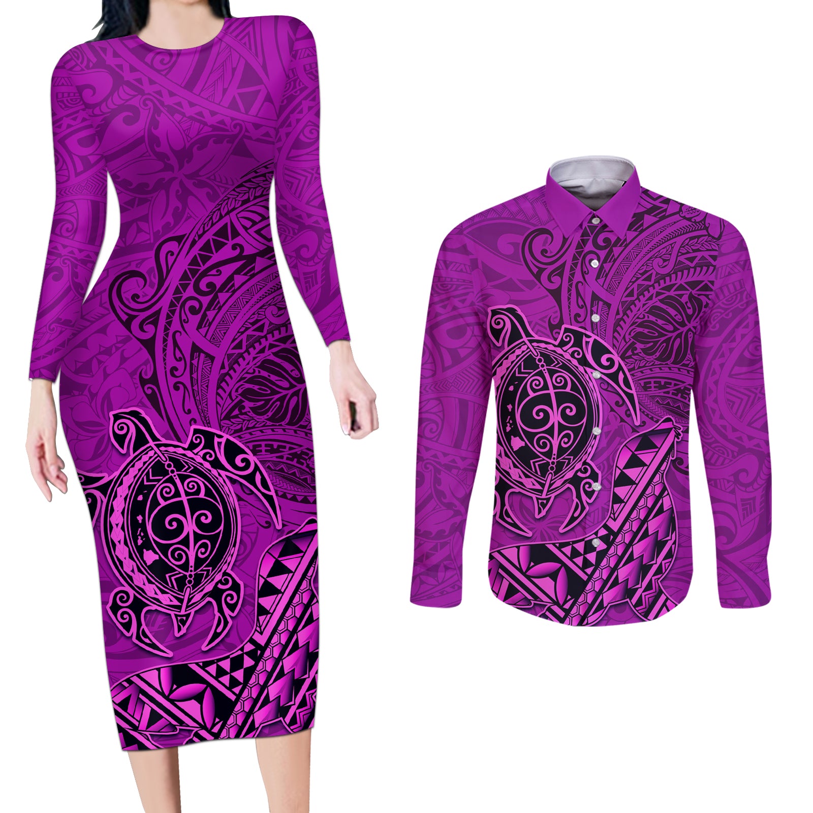 Hawaii Monk Seal and Dolphin Couples Matching Long Sleeve Bodycon Dress and Long Sleeve Button Shirt Polynesian Kakau Pattern Pink