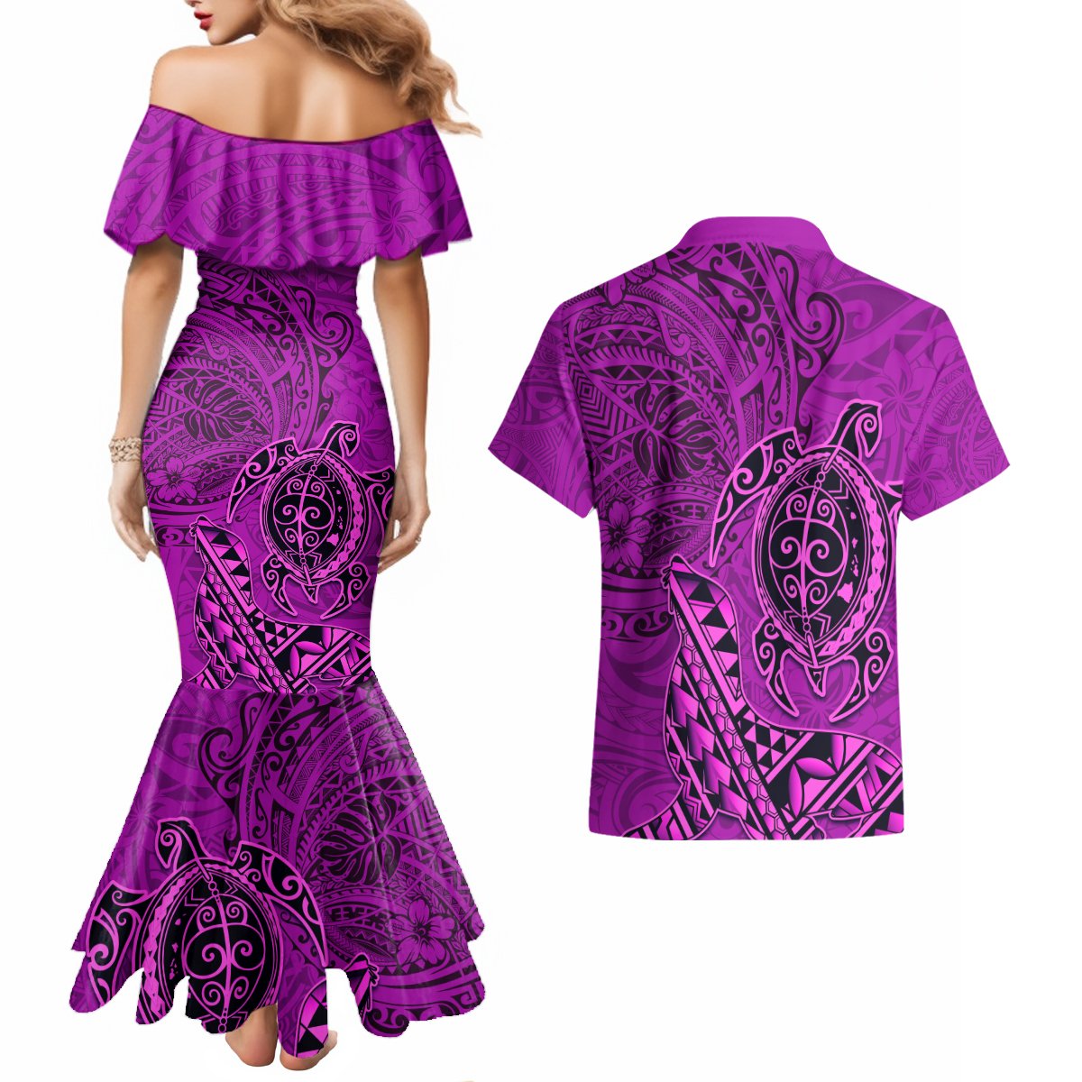 Hawaii Monk Seal and Dolphin Couples Matching Mermaid Dress and Hawaiian Shirt Polynesian Kakau Pattern Pink LT03 - Polynesian Pride