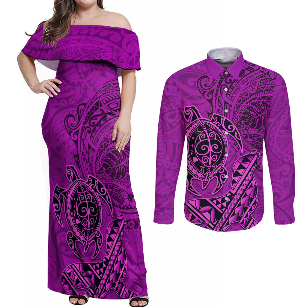 Hawaii Monk Seal and Dolphin Couples Matching Off Shoulder Maxi Dress and Long Sleeve Button Shirt Polynesian Kakau Pattern Pink