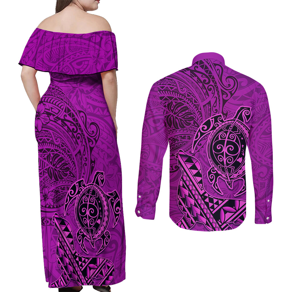 Hawaii Monk Seal and Dolphin Couples Matching Off Shoulder Maxi Dress and Long Sleeve Button Shirt Polynesian Kakau Pattern Pink