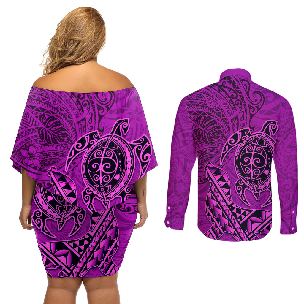 Hawaii Monk Seal and Dolphin Couples Matching Off Shoulder Short Dress and Long Sleeve Button Shirt Polynesian Kakau Pattern Pink
