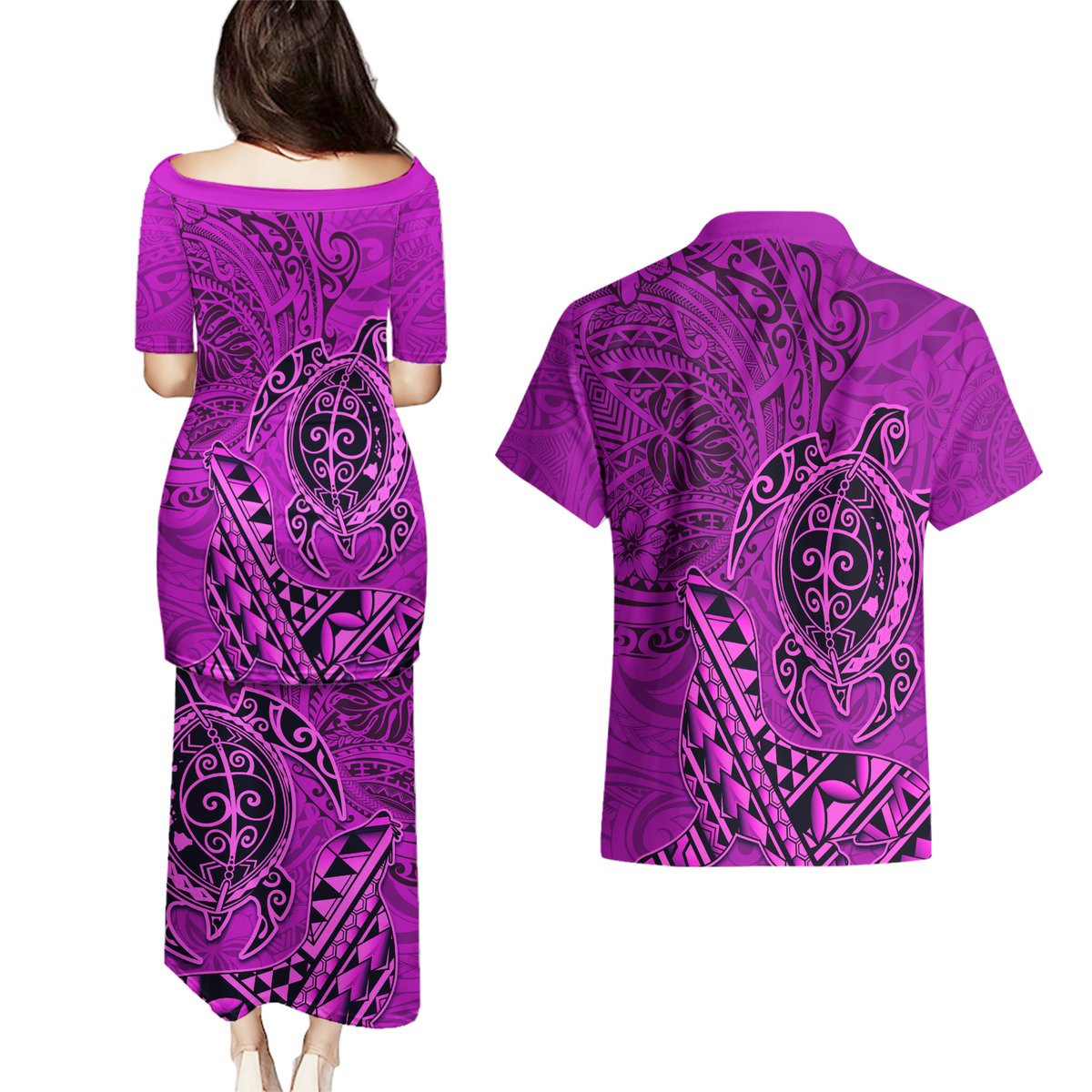 Hawaii Monk Seal and Dolphin Couples Matching Puletasi and Hawaiian Shirt Polynesian Kakau Pattern Pink