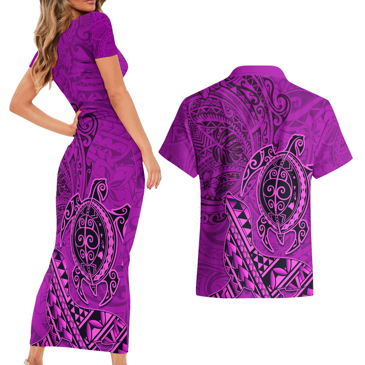 Hawaii Monk Seal and Dolphin Couples Matching Short Sleeve Bodycon Dress and Hawaiian Shirt Polynesian Kakau Pattern Pink LT03 - Polynesian Pride