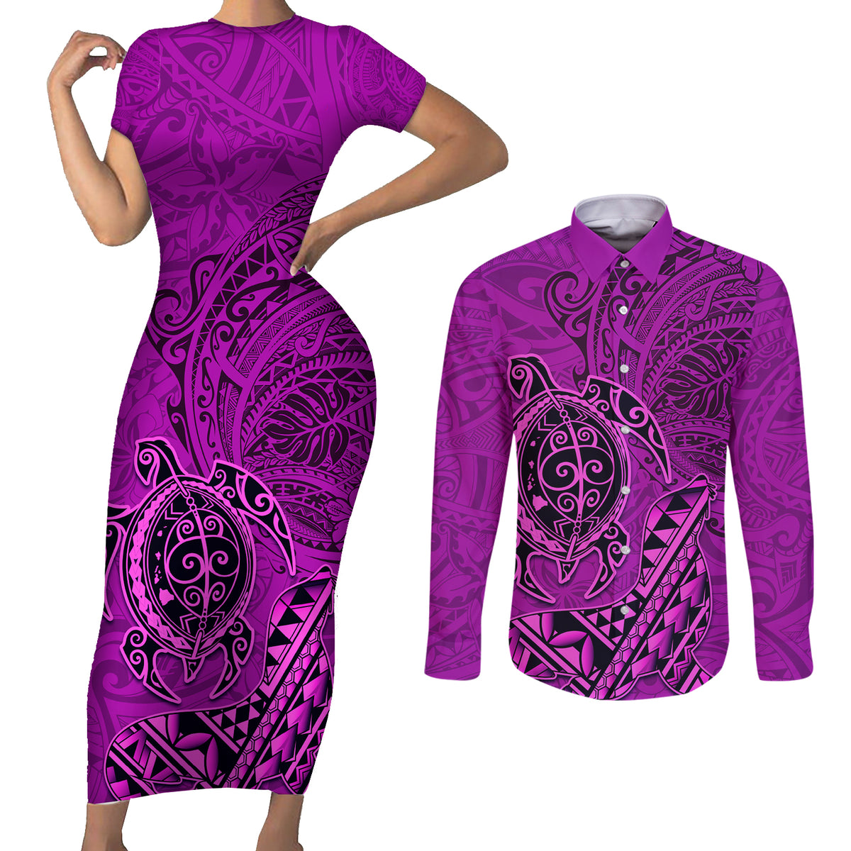 Hawaii Monk Seal and Dolphin Couples Matching Short Sleeve Bodycon Dress and Long Sleeve Button Shirt Polynesian Kakau Pattern Pink