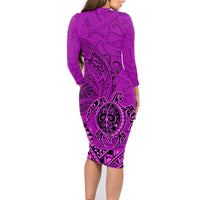 Hawaii Monk Seal and Dolphin Family Matching Long Sleeve Bodycon Dress and Hawaiian Shirt Polynesian Kakau Pattern Pink