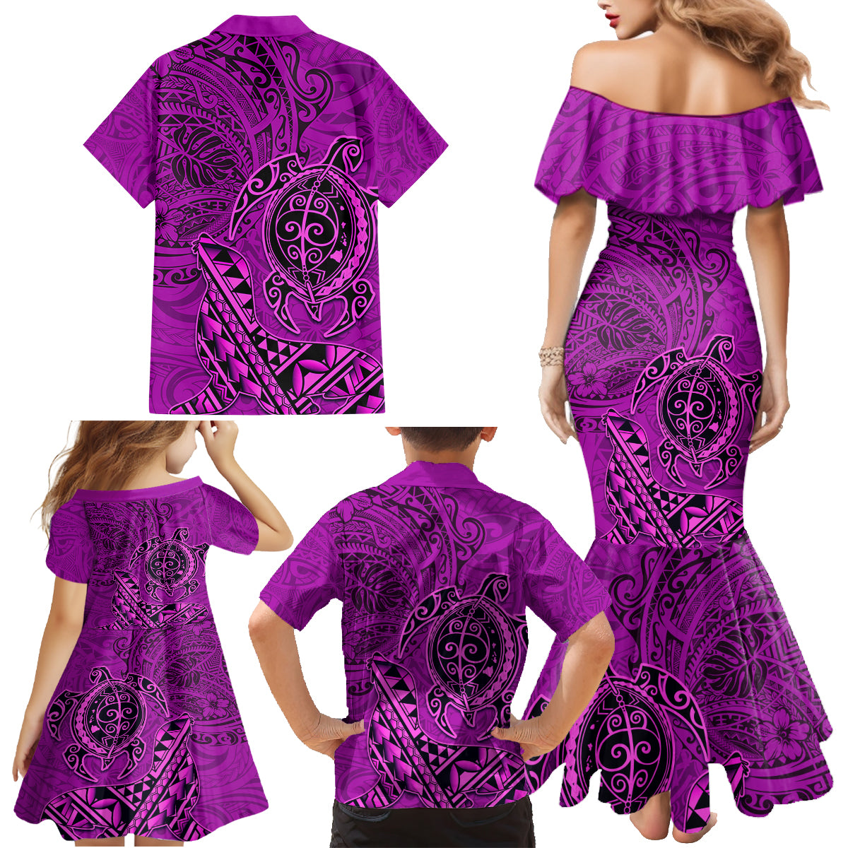 Hawaii Monk Seal and Dolphin Family Matching Mermaid Dress and Hawaiian Shirt Polynesian Kakau Pattern Pink LT03 - Polynesian Pride