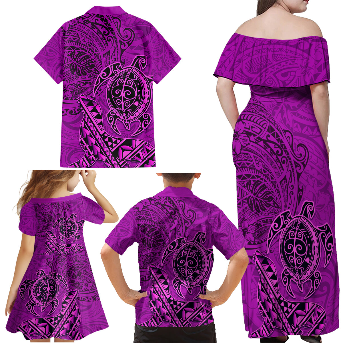Hawaii Monk Seal and Dolphin Family Matching Off Shoulder Maxi Dress and Hawaiian Shirt Polynesian Kakau Pattern Pink LT03 - Polynesian Pride