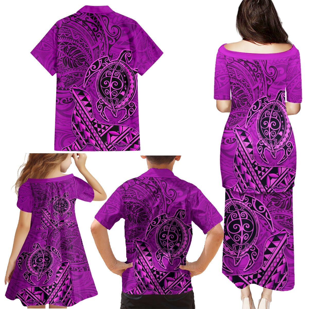 Hawaii Monk Seal and Dolphin Family Matching Puletasi and Hawaiian Shirt Polynesian Kakau Pattern Pink LT03 - Polynesian Pride