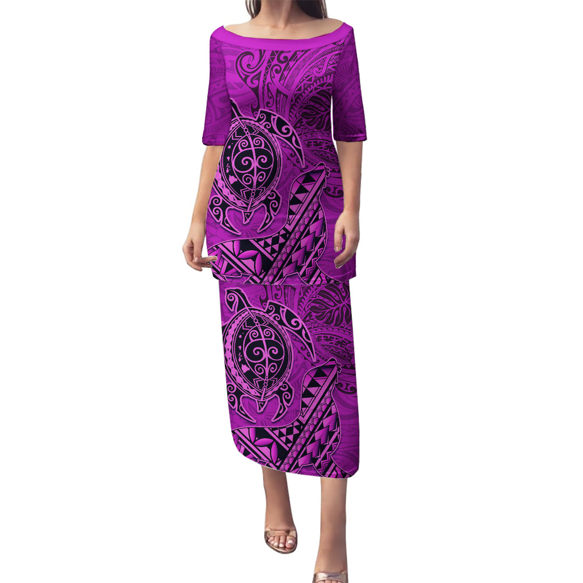 Hawaii Monk Seal and Dolphin Family Matching Puletasi and Hawaiian Shirt Polynesian Kakau Pattern Pink LT03 Mom's Dress Pink - Polynesian Pride