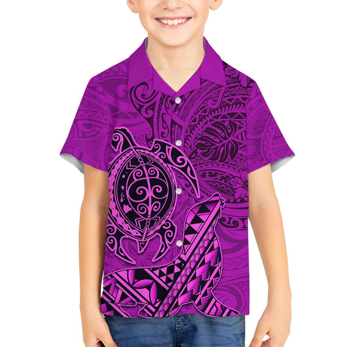 Hawaii Monk Seal and Dolphin Family Matching Puletasi and Hawaiian Shirt Polynesian Kakau Pattern Pink LT03 Son's Shirt Pink - Polynesian Pride